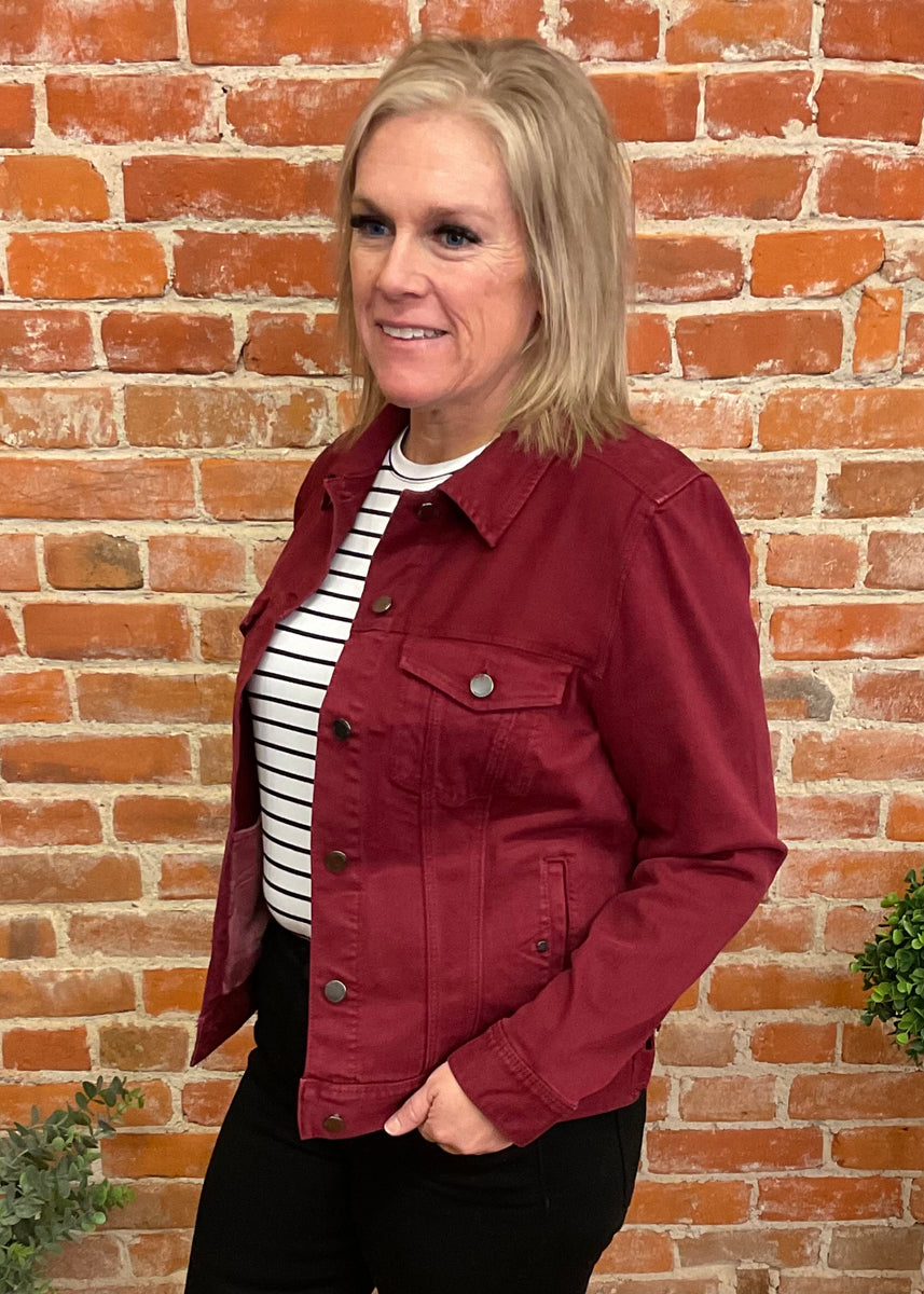 Maroon jean jacket fashion