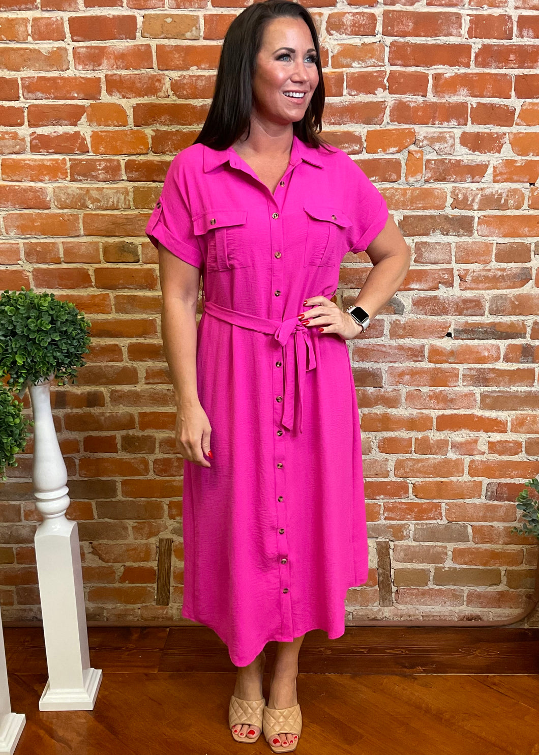 Hot pink shirt dress hotsell