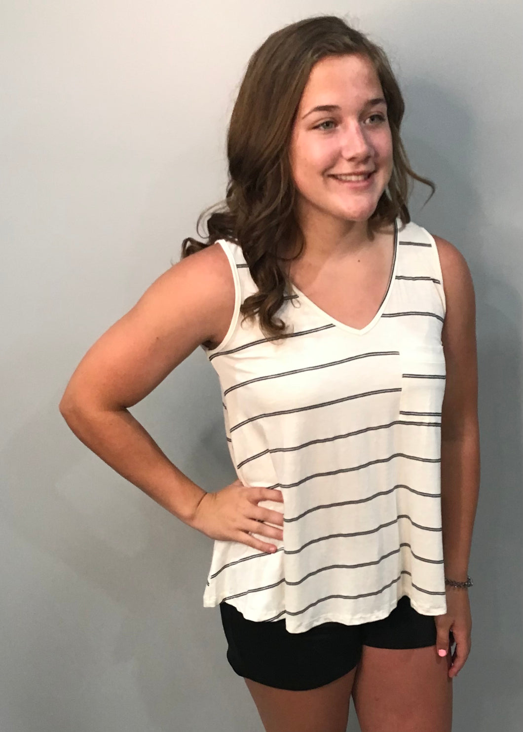 Ivory Striped Tank with Pocket